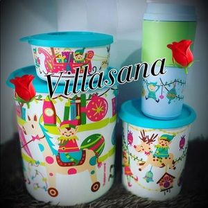 TUPPERWARE NEW ONE TOUCH EXTENDED ART CHRISTMAS EDITION ELFS CANISTER SET.